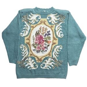 VTG 90s Casual Corner Tapestry Sweater S Embroidered Floral Teal Ramie Silk Knit